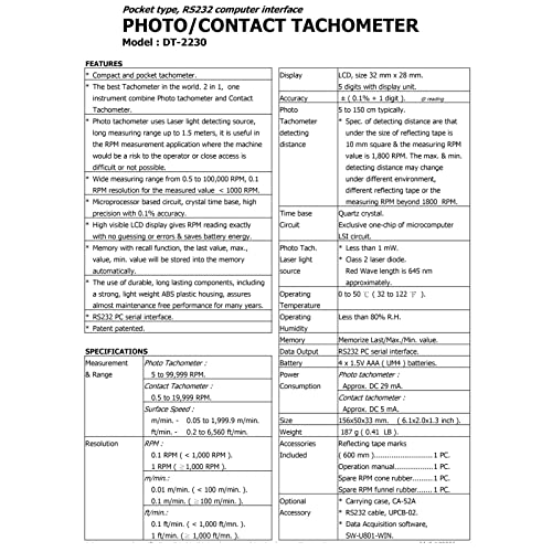 Фотоконтактный Тахометър DT-2230 с компютърен интерфейс RS232