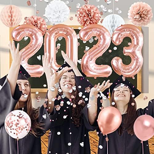 Комплект бижута за бала партита 2023 от розово злато-Клас 2023 - Аксесоари за абитуриентски партита Включват балони 2023, пита с хартиени pom-помераните, декор от конфети в?
