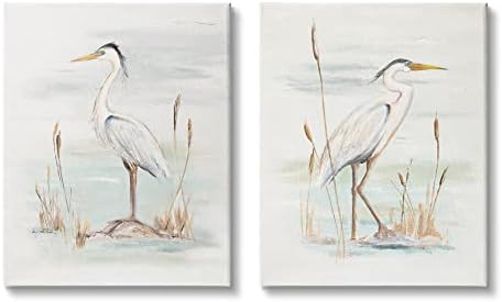 Stupell Industries Елегантни птици-чапли, cattail, растения, на водна стенописи, дизайн на Патриция Пинто