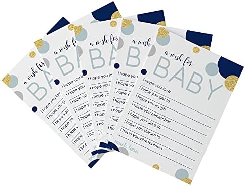 Тъмно сини и златни пощенски Картички с пожелания за бебе душ, Спомени и Паметни записки – Парти за гостите - Кладенец на желанията,