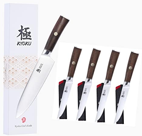 Нож на главния готвач серия от KYOKU Daimyo 8 инча + Комплект от 4 ножове за стек 5 инча от японска неръждаема стомана 440C с дръжка от Палисандрово дърво