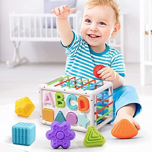 Играчки за деца от 6 до 12 месеца, Играчки Монтесори за 1 година, Играчки Сензорна форма за бебета, Кубче-Сортировач с Разноцветни гумени