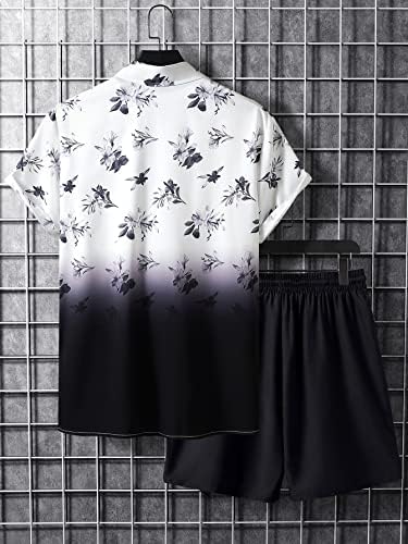 LUBOSE/ Мъжки облекла от две части, Мъжка риза цвят омбре с флорални принтом и къси панталони с завязками на талията, Без тениски (Цвят: черно-бял, Размер: X-Large)