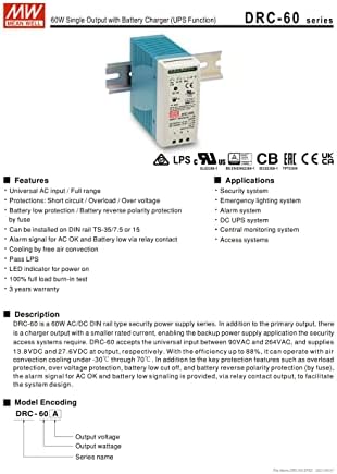 (12 опаковки), Пластмасов корпус Mean Well за постоянен ток, с функция за зарядно устройство UPS серия DRC-60 59.34?60 W (DRC-60B)
