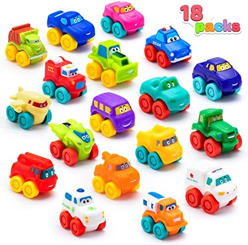 JOYIN Комплект от 18 автомобили с флип от облегалката и 18 Играчки автомобили от мека гума, Мини-Играчки Превозни Средства, Кола за деца, Подаръци за Партита за деца
