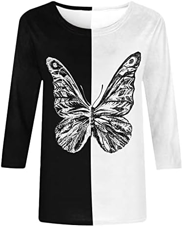 Ризи с принтом Огромна Пеперуда за Жени, Тениска със Средна дължина, Блуза, с 3/4 ръкави, Цветен Блок, Кръгъл Отвор, Ежедневна Туника, Върхове