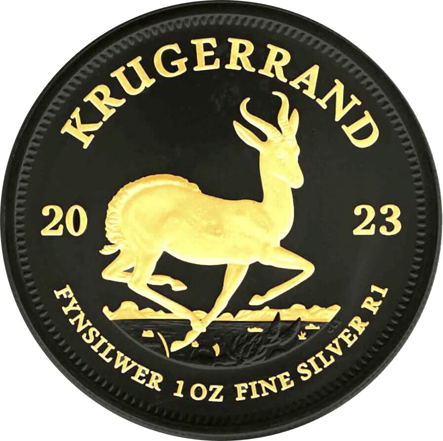2023 DE Gold Black Империя PowerCoin Krugerrand Edition 1 Унция Сребърна монета 1 Ранд Южна Африка 2023 БУ Брилянт Без лечение
