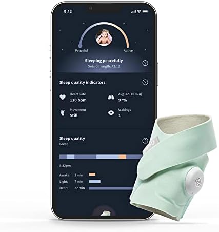 Чорап Owlet Dream - умен следи бебето За да видите честотата на сърдечните съкращения и средно ниво на кислород O2 (показатели на качеството на съня) Mint (обновена)