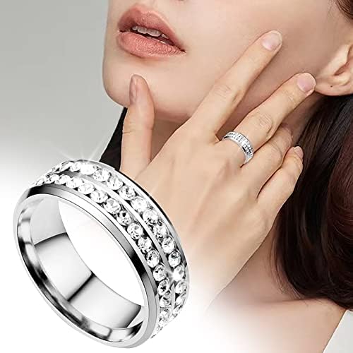 2023 Нов Пръстен с двоен диамант От Титанов са се Превърнали В Корейски Стил, Модерно диамантен Пръстен От Неръждаема Стомана, Женски Спокойно Пръстен (Сребро, 11)