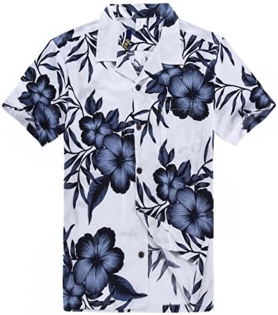Мъжки Хавайска риза Palm Wave Aloha Риза на Бяло-тъмно синьо