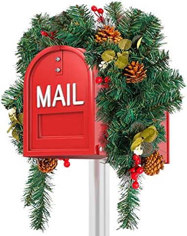 Изкуствена Коледна Рушвет, пощенска кутия, със Зелени борови игли, Борови шишками и Червени Плодове, Билки, Изкуствена борова Рушвет, Зимна Декоративен Рушвет за ко
