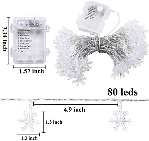 Гирлянди Aneco White Christmas Snowflake, 33 Фута 80 led гирлянди, захранван с батерии, 8 режима на светкавицата, дистанционно управление