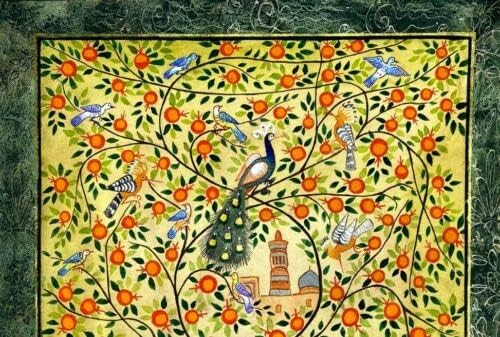 Умален модел на Персийския на изкуството От Копринени Ръчна хартия Дървото на живота 11.3x8