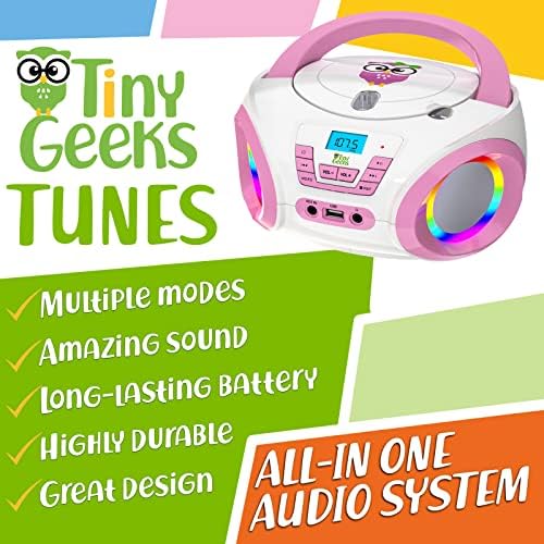 CD-плейър TinyGeeks Tunes Kids Boombox за деца, Новост 2023 г. + FM радио + Батерии в комплекта + Сладко Розово CD плеър с високоговорители за бебета и деца
