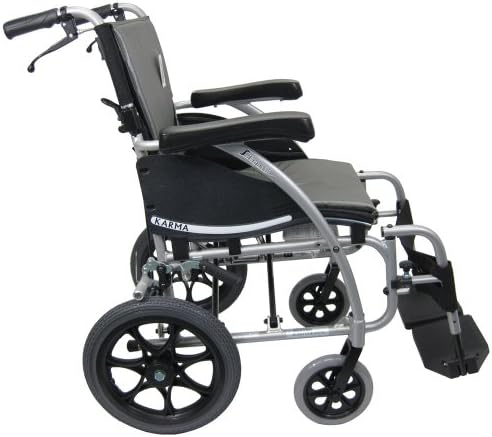Инвалидна количка Karman Transport с Допълнителни Спирачки, 18-инчови Седалка и 14-инчови Задни Колела, Сребриста Рамка