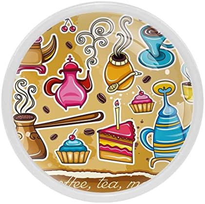 Дръжки за Шкафове и чекмеджета Дръжки за Шкафове да се Простират Ретро Cartoony Торта Кафе на Зърна с Шарени Чаена Чаша Кръг на Чекмеджето се Простира на 4 бр.