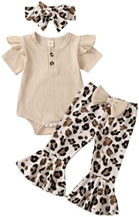 Bekarsy дрехи за момичета-бебета ребра бутон с къс ръкав, гащеризон леопардовые разкроена панталони превръзка на главата летни дрехи набор от 3шт