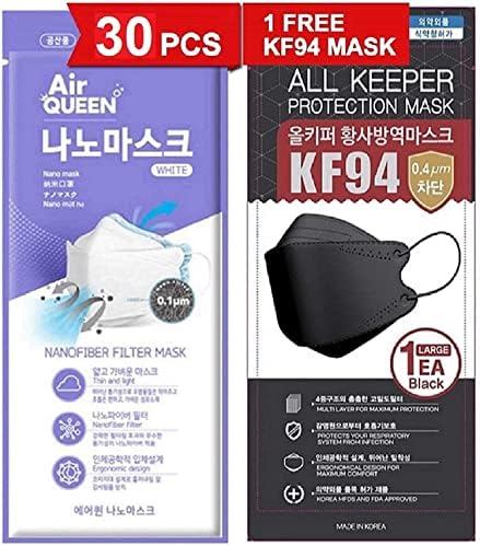 [30 Опаковки] [Въздушна Queen] Бяла 3-Слойная Защитна маска за лице за възрастен + 1 [Черен] Всички маски Keeper KF94 [В индивидуална