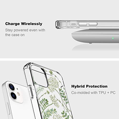ICEDIO за iPhone 12 Mini Калъф с Защитно фолио за екрана, Прозрачен, с Красиви Зелени Листа и цветя модел за момичета и Жени, Оборудвана Защитен