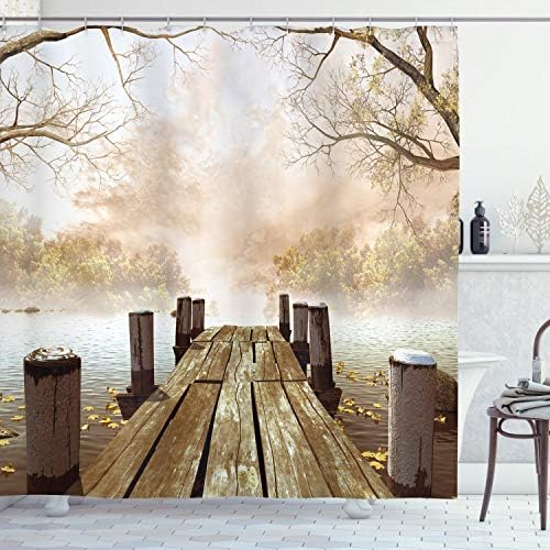 Есенна Завеса за душ Ambesonne, Старият Дървен кей на езерото, Паднали листа и Мъглива Гора в Далечината, Определени за декор