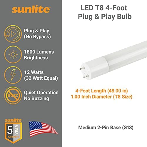 Лампа Sunlite 87922 LED Т8 Plug & Play Light Tube (тип A) 4 фута, 12 W (еквивалент на 32 W) 1800 лумена, средната двухконтактная база G13, двухконтактное връзка, съвместим с електронен баласт, ст
