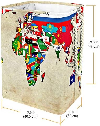 Кошница за дрехи MAPOLO Ретро Флаг с Карта на света, Сгъваема Кошница за съхранение на бельо с Дръжки, Подвижни Скоби, Добре Задържа Влагата, за организиране на дрехи и