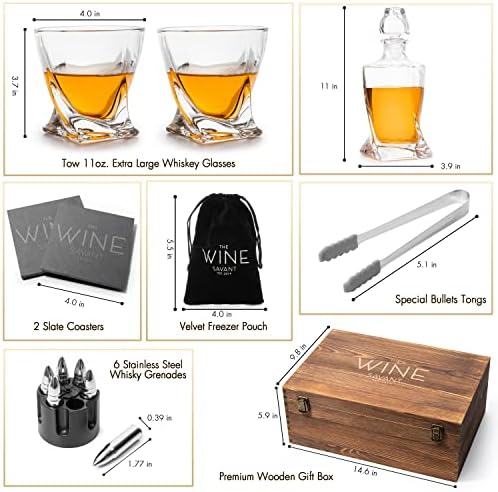 Луксозен комплект графинов за уиски, чаши за мъже и жени - Гарафа за уиски, 2 чаши за уиски Twist, 2 подложки, 6 чаши за уиски XL от