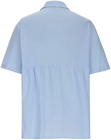 Дамски Памучни Ленени Ризи Летни Блузи с V Образно деколте и Къс Ръкав Копчета Свободно Намаляване на Основни Тениски, Блузи