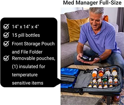 Med Manager Голям органайзер за лекарства и портативна медицинска папка, настанява (15) Флакони с хапчета -(11) стандартен размер и (4) Големи флакони, включва подвижни папка