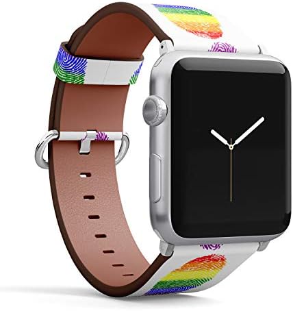 (Отпечатък от пръст цветове на дъгата ЛГБТ) Кожена гривна с модел за Apple Watch Серия 4/3/2/1 поколение, подмяна на ремъците iWatch