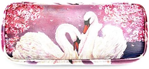 Снимка на Розов Лебед Дизайн Кожен молив случай Дръжка за Чанта с Двоен Цип Чанта За Съхранение на Канцеларски Материали Чанта за