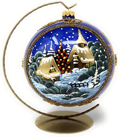 Коледна украса Полски галерии, Зимен Ден с Червена Пуансеттией, Топчета от Бластване стъкло (тъмно синьо, 150 мм)
