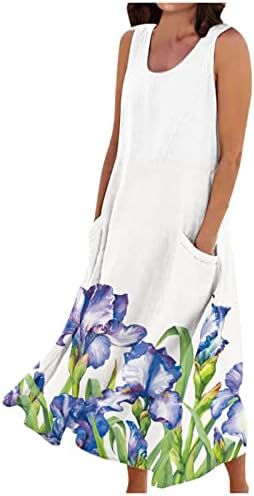 Женствена рокля ayaso 2023 в Бохемски стил с Флорални Принтом, Без Ръкави, през Цялата Деколте, Набори На хем, Трапециевидное Рокля С Джобове,