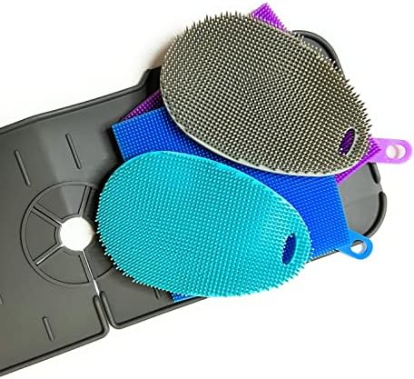 Силиконова гъба за миене на съдове, стъргало, за миене на съдове [4 опаковки] и калник на задно колело за кран за мивка – Комплект за кухненски