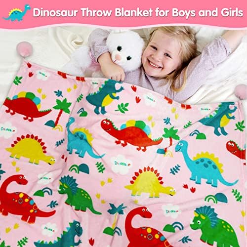 Andywoo Розово одеало с динозавром за момичета, Одеало с динозавром ярки цветове за деца, Уважаеми одеяло с динозавром за момичета, Пушистое