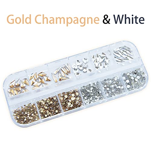 1260 бр. Бели и Златни Кристали за нокти цвят Шампанско С Плоска Обратна страна, Скъпоценни Камъни, Кристали, Стъкло, Различни Форми,
