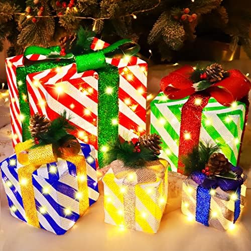 [ Много Големи и 5 опаковки ] 12-10-8-7-6 Коледни Подаръчни Кутии с Осветление, Орнаменти, се Захранва от Адаптер, 80 Светодиоди,