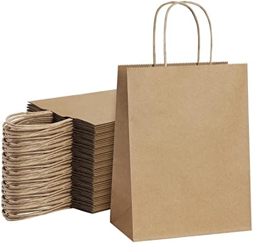 Подаръчни торбички от кафява хартия SHOPDAY, крафт хартиени Торбички с дръжки на Едро 8x4,25x10,5 на 100 опаковки Среден размер, с