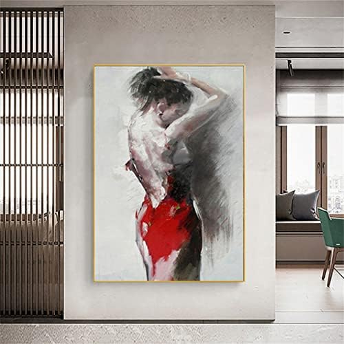 DLVKHKL Червена рокля за младо Момиче Художествена Рисувани Живопис с маслени бои на Платно с Ръчно изработени Начало Декор в Хола (Цвят: D, Размер: 75x110 см, Без рамка)