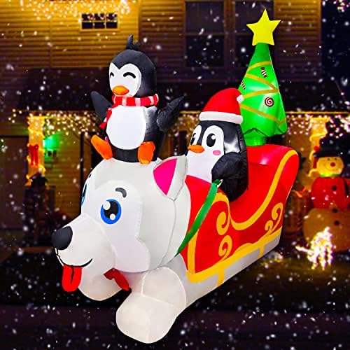 SEASONBLOW Надуваем коледен 8-крак влак с Дядо Пингвин и 5-подножието на Надуваеми Коледни Куче шейни с Пингвин и Коледна елха