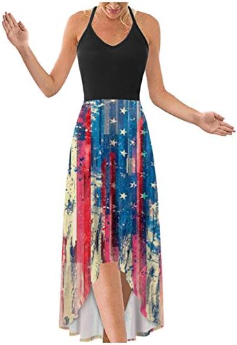 Женствена рокля на бретелях iQKA, 4 юли, Рокля Миди с принтом Хартата на САЩ, Звезди и ленти, Лятна Дълга Рокля Без ръкави с V-образно деколте, Vestidos