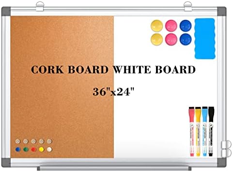 Бяла дъска WALGLASS Cork Board Комбинирана, Магнитна Дъска 24 x 36 с Корк дъска за стена, Дъска за сухо Изтриване, обяви за училище, офис и дома с Подвижна чекмедже, Болтове, Гуми