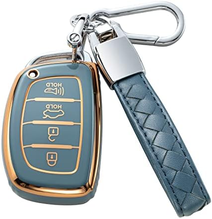 CHEZENHUI Съвместим с Hyundai Калъф-ключодържател с Кожена каишка, Калъф за ключове на колата, Защитен калъф за Hyundai Elantra Elantra GT Sonata Tucson Ioniq, 4 Бутона, умно дистанционно управл?