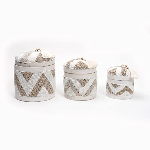 Декоративни Кошници от Мъниста Artissance 9, 7 и 5H под формата на Кръгли Бели и Кафяви черупки с пискюли (Комплект от 3 броя),