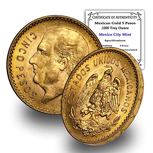 1905-1955 (Случаен година) Мексиканска монета 1/2 Идалго от злато 5 песос, Лъскава, без да се прибягва, със сертификат за автентичност - Moneda de Oro Puro 5 MX BU