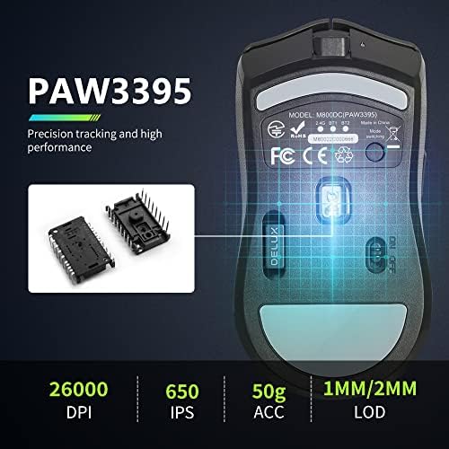 Безжична детска мишка DeLUX M800PRO 3395, с сензор PAW3395 26000 точки на инч, трехрежимная, ключове Huano Pink, че батерията на 80 часа, матово UV покритие, тегло 72 гр, идва със стъклени к?