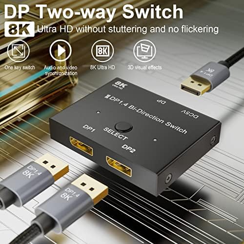 Преминете DisplayPort 8K Двупосочни сплитер 2 в 1 изход /1 на 2 изхода DP 1.4 Switcher Поддържа 8K при честота 30 Hz, 4K при честота 120 Hz, 4K при честота 60 Hz за 2 компютъра и 1 монитор ConnBull®