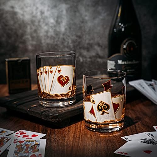 Очила за игра на карти - Комплект за казино с ръчно рисувани Players Casino от 2 чаши за вода, вино и уиски - The Wine Savant - Кристални изделия - Идея за подарък за него, за рожден Де