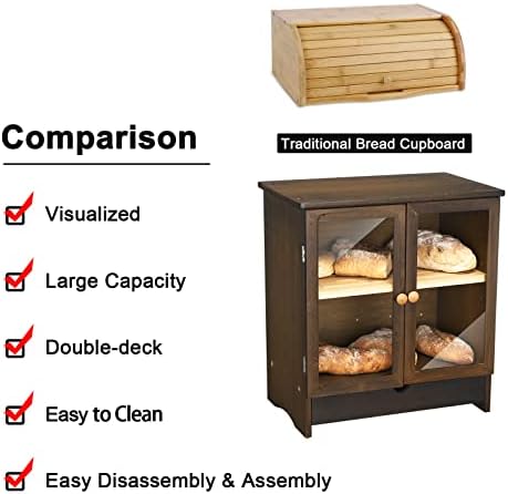Хлебница от естествен бамбук ErgoDesign, Двуслойни Бамбук, Кутии за съхранение с капак от дъска за табла, Регулируема пространство