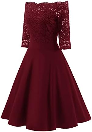 Дамско дантелено рокля с цветен модел, с открити рамене, дълги до коленете, реколта рокли-люлка на 1950-те години, един коктейл рокля за сватбени партита